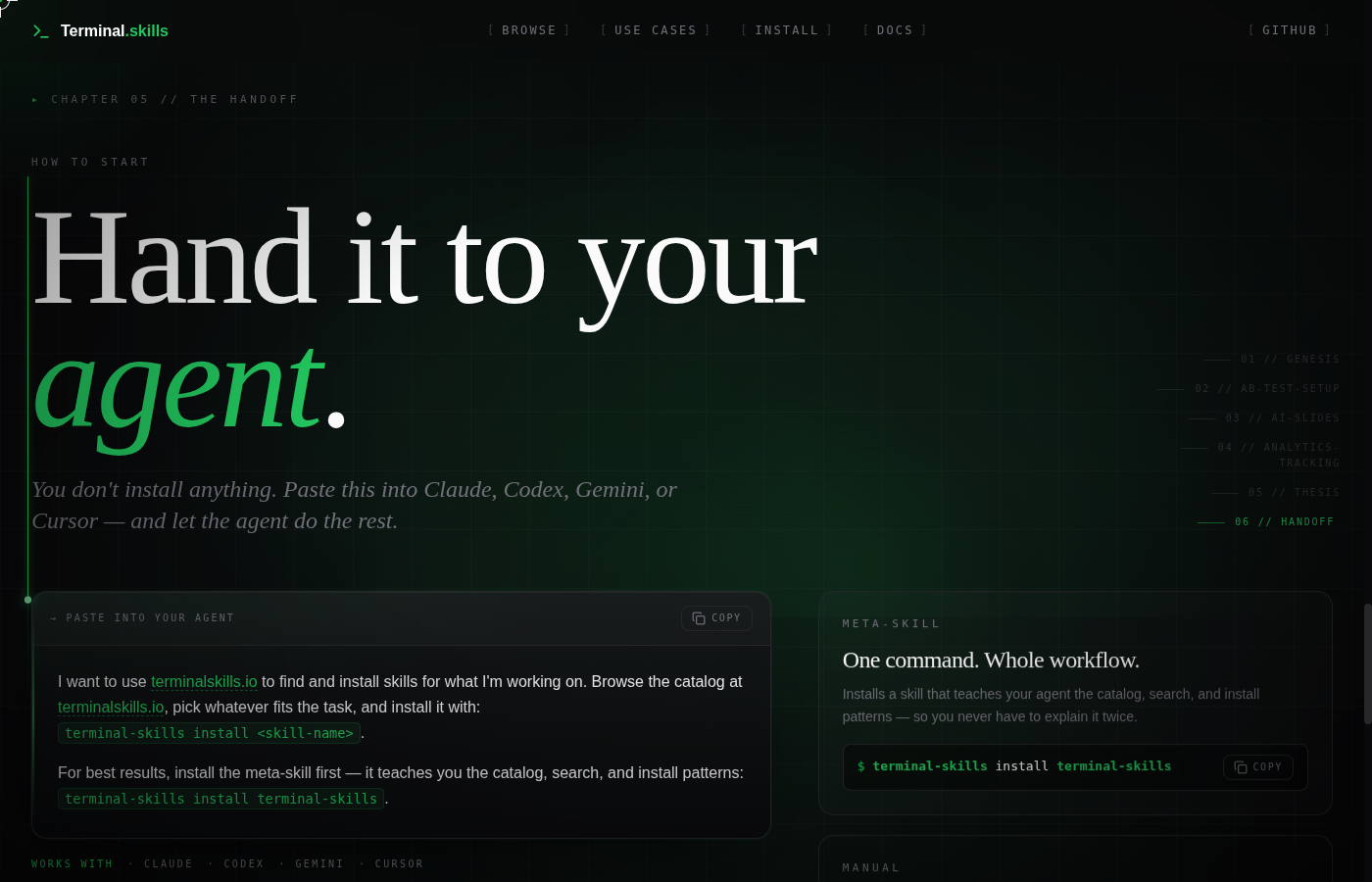 Install section showing one-command install via meta-skill and CLI patterns