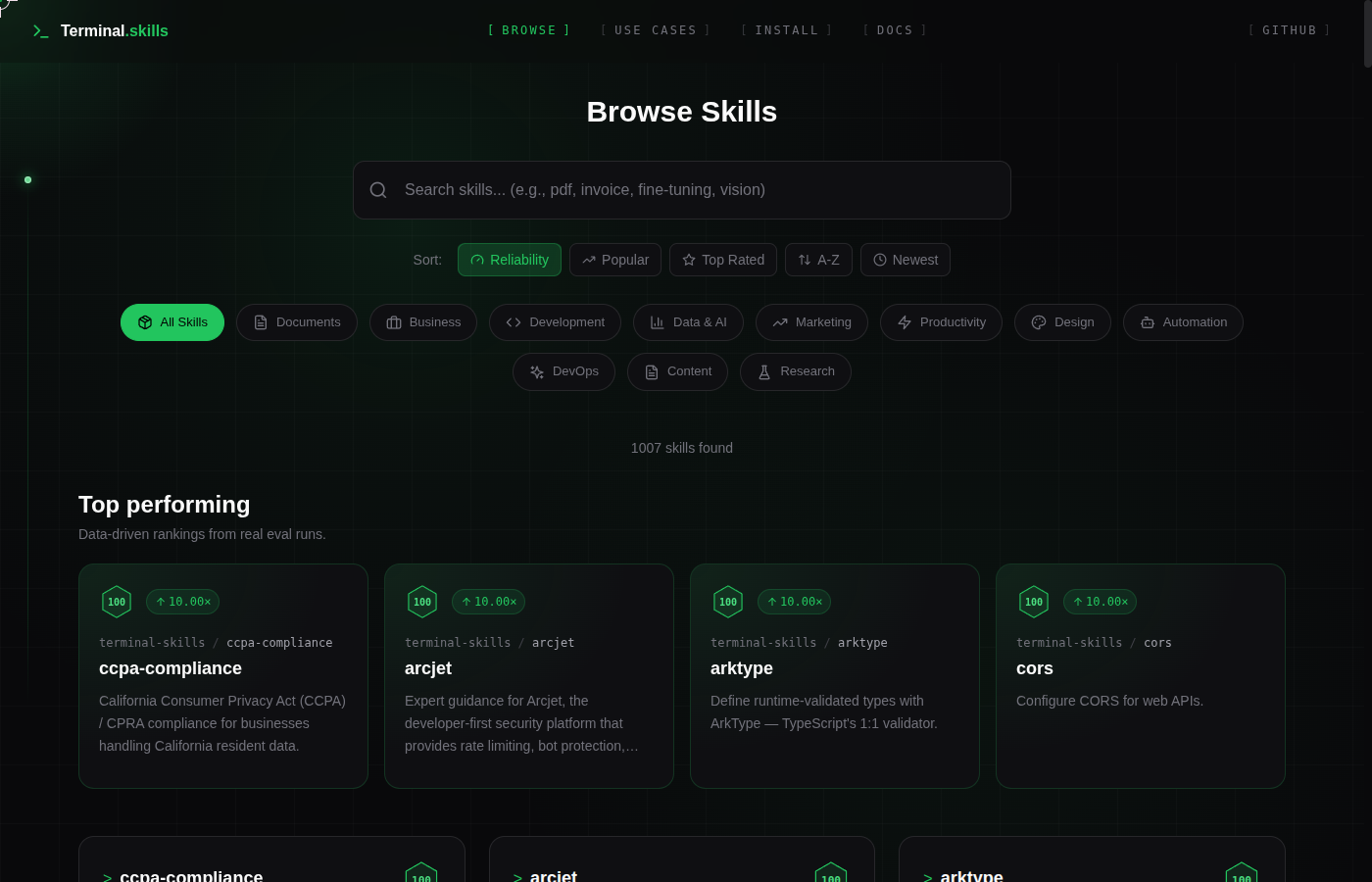Terminal Skills registry browse page with search, category filters, and top-performing skills