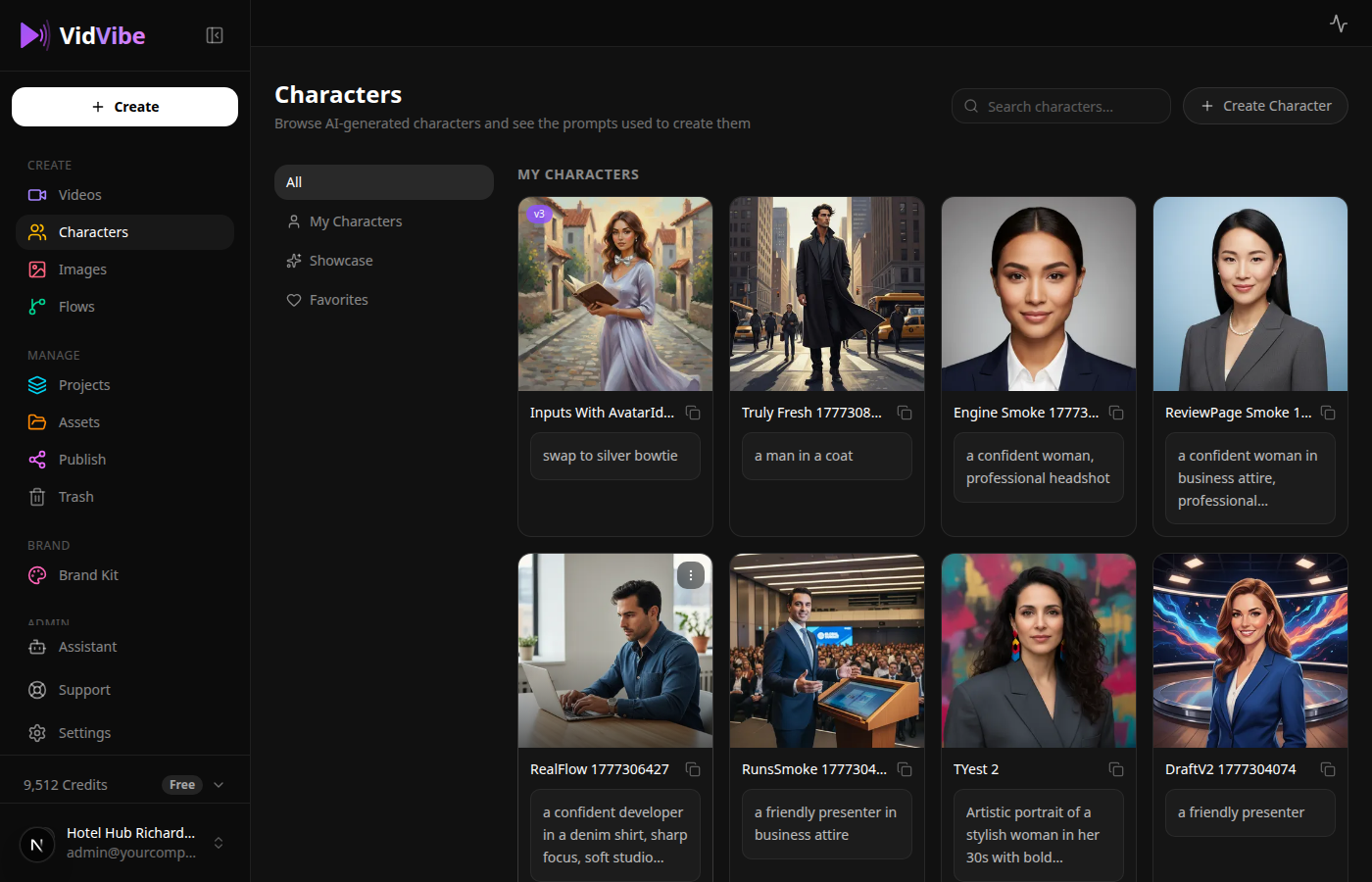 VidVibe characters library with AI spokesperson avatars